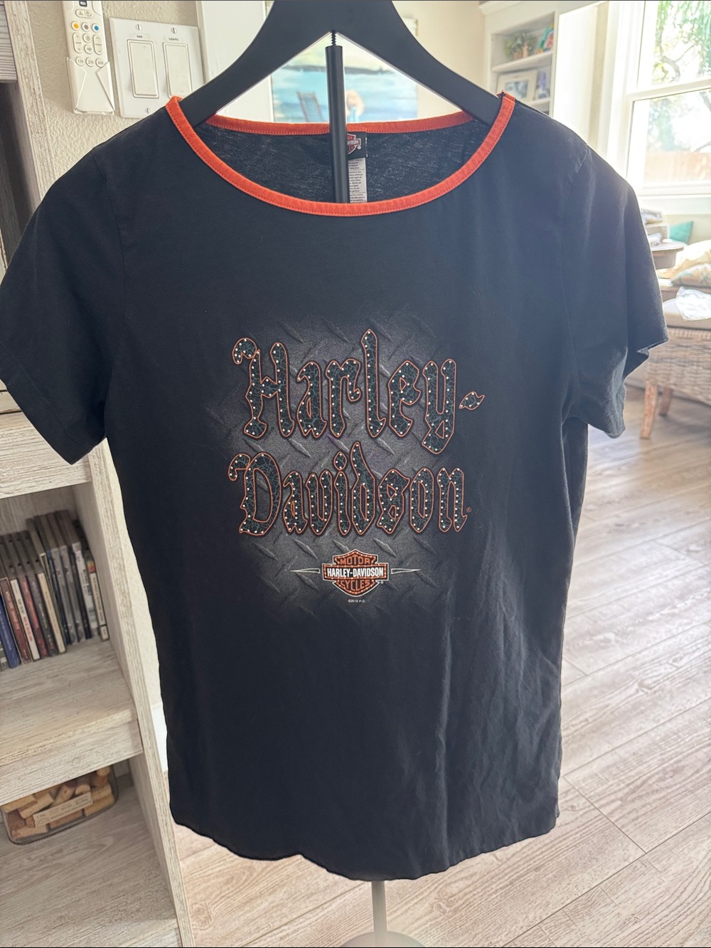Harley-Davidson Black Tee with Orange Trim and Studded Logo